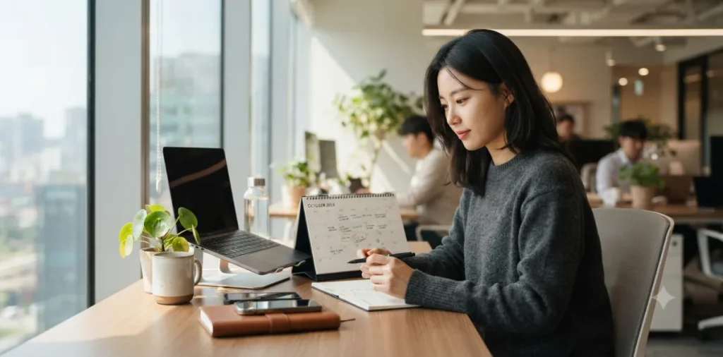 재취업 전 잔여 급여일수 절반 이상이 남았는지 달력을 보며 계산하는 여성