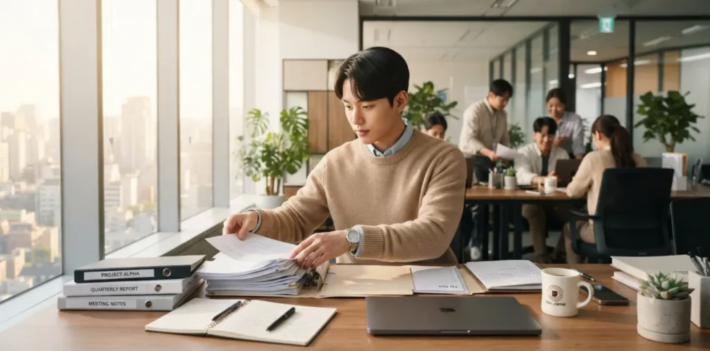 새로운 직장에서 1년 이상 장기근속을 목표로 업무 서류를 정리하는 남성