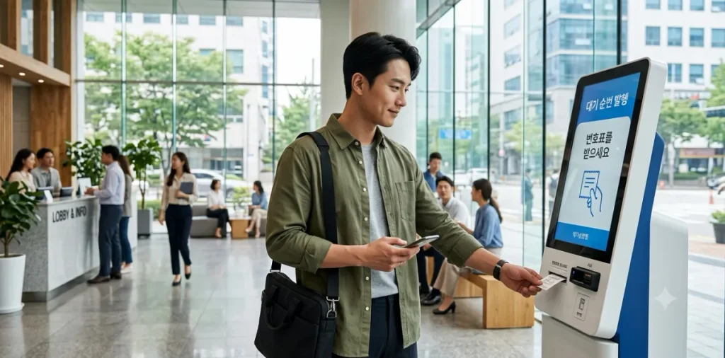 1차 실업인정 교육: 고용센터 방문 및 취업희망카드 수령 가이드 5 센터에 도착해서 담당 창구 번호 발권을 위해 무인기에서 대기표를 뽑는 남성의 모습