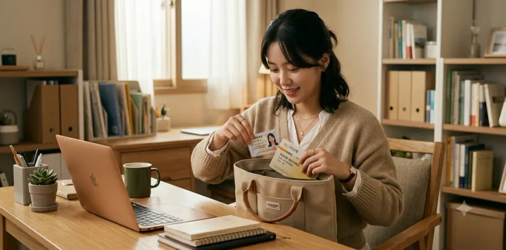 1차 실업인정 교육: 고용센터 방문 및 취업희망카드 수령 가이드 4 1차 실업인정일 준비물 확인을 위해 신분증과 통장을 가방에 넣고 있는 여성