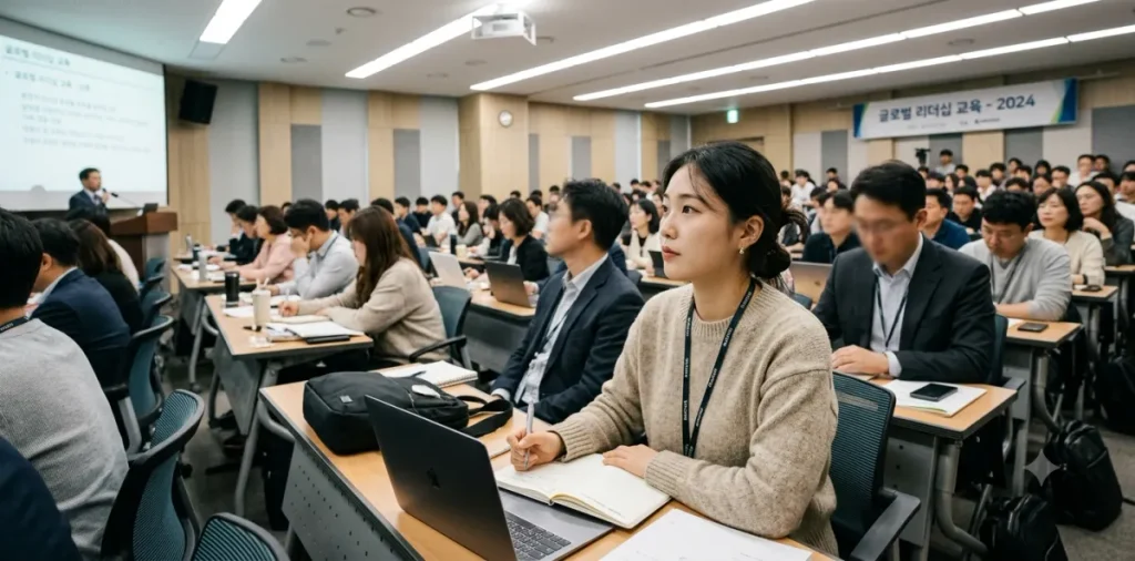 1차 실업인정 교육: 고용센터 방문 및 취업희망카드 수령 가이드 6 구직활동 의무 사항을 숙지하기 위해 교육장에 앉아 열심히 강의를 듣는 여성