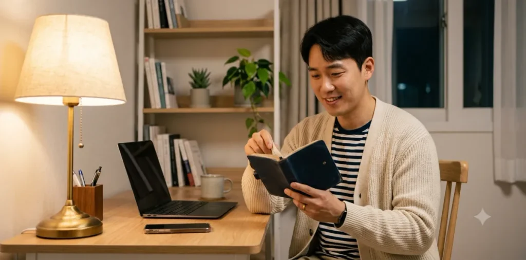 1차 실업인정 교육: 고용센터 방문 및 취업희망카드 수령 가이드 7 취업희망카드 수령 후 내용을 잊지 않기 위해 책상에서 일정표를 읽는 남성의 모습