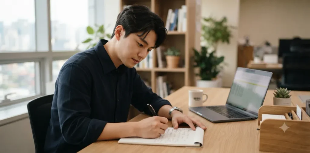 실업급여 구직활동 인정 방법, 워크넷 입사지원과 온라인 취업특강 3 구직외 활동 차이점을 이해하고 일정표에 계획을 꼼꼼히 적는 남성의 모습