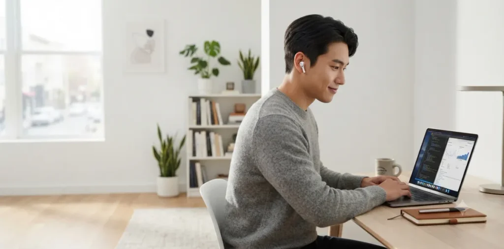 실업급여 구직활동 인정 방법, 워크넷 입사지원과 온라인 취업특강 6 온라인 취업특강 수강을 위해 이어폰을 끼고 노트북에 집중하고 있는 남성의 모습