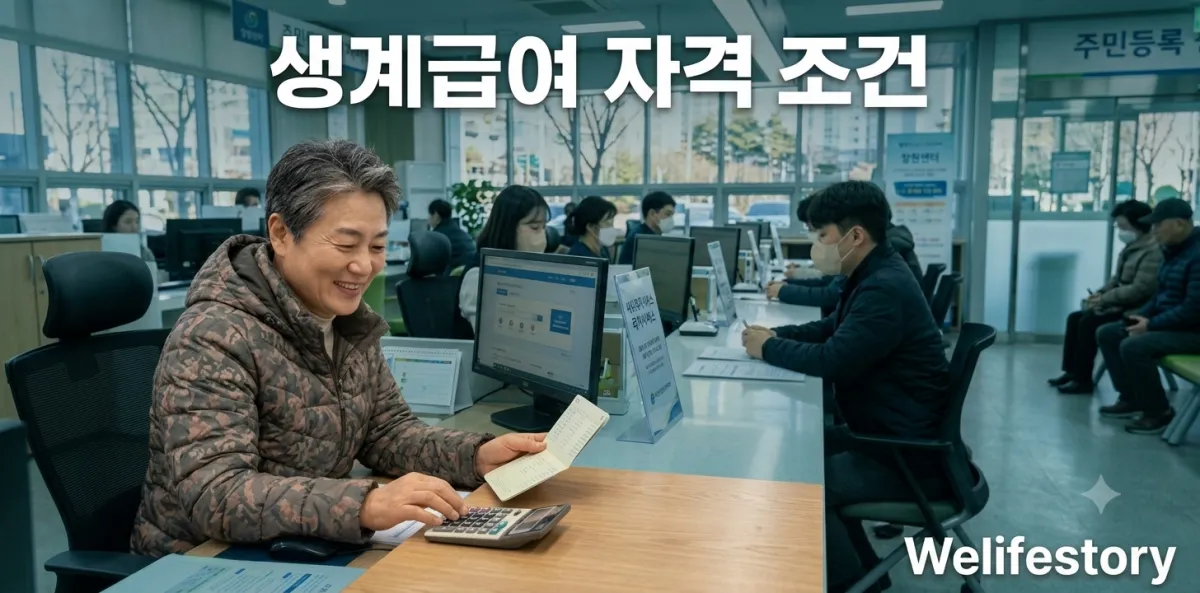 책상에서 생계급여 자격 조건을 확인하며 통장과 계산기를 함께 살펴보는 모습