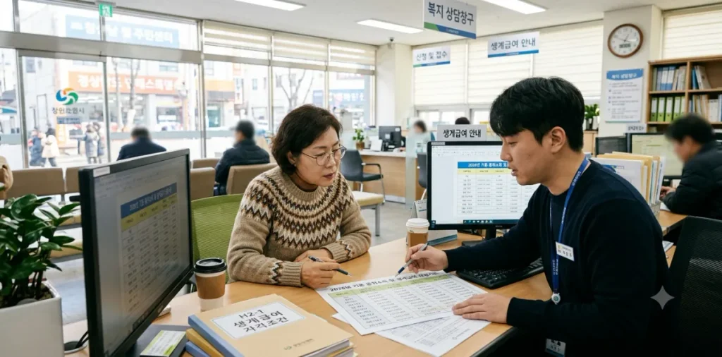 생계급여 자격 조건과 소득인정액 및 수령액 계산 방법 3 주민센터 창구에서 2026년 생계급여 선정 기준 32% 안내표를 살펴보는 모습