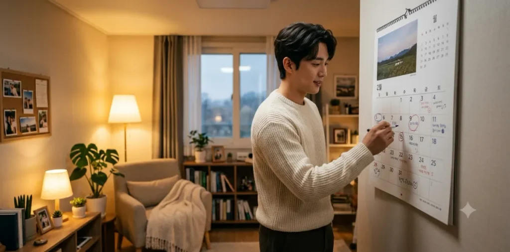 실업급여 수급기간 수령액: 하한액 모의계산 및 지급일 확인 5 본인의 퇴사 당시 만나이 확인을 위해 방 안에서 달력을 짚어보는 모습