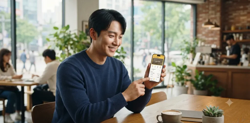 실업급여 수급기간 수령액: 하한액 모의계산 및 지급일 확인 7 실업급여 1차 지급일 입금 확인을 위해 카페에서 스마트폰을 보는 모습