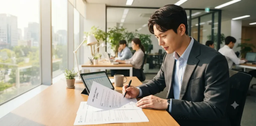 계약만료 실업급여 신청, 재계약 거절 시 실업인정 서류와 절차 3 재계약 거절 실업급여 수급을 위해 근로계약서 내용을 확인하는 직장인 남성