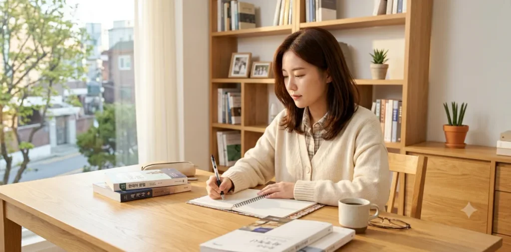 실업급여 수급 종료 후 국민취업지원제도 연계 및 대기기간 7 취업성공패키지 성격의 훈련을 받기 위해 노트에 구직활동 이행 계획을 세우는 여성