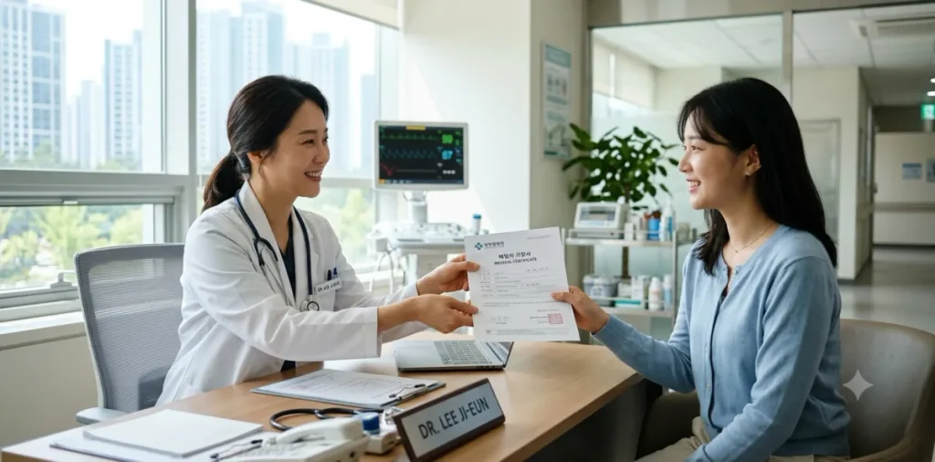 실업급여 상병급여 신청 조건: 질병 발생 시 구직활동 유예 4 상병급여 진단서 발급을 위해 진료실에서 의사에게 진단 서류를 전달받는 장면