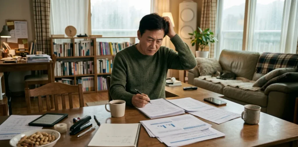 실업급여 상병급여 신청 조건: 질병 발생 시 구직활동 유예 5 실업급여 수급 중 발생한 복잡한 서류 심사 기준을 확인하며 머리를 긁적이는 모습