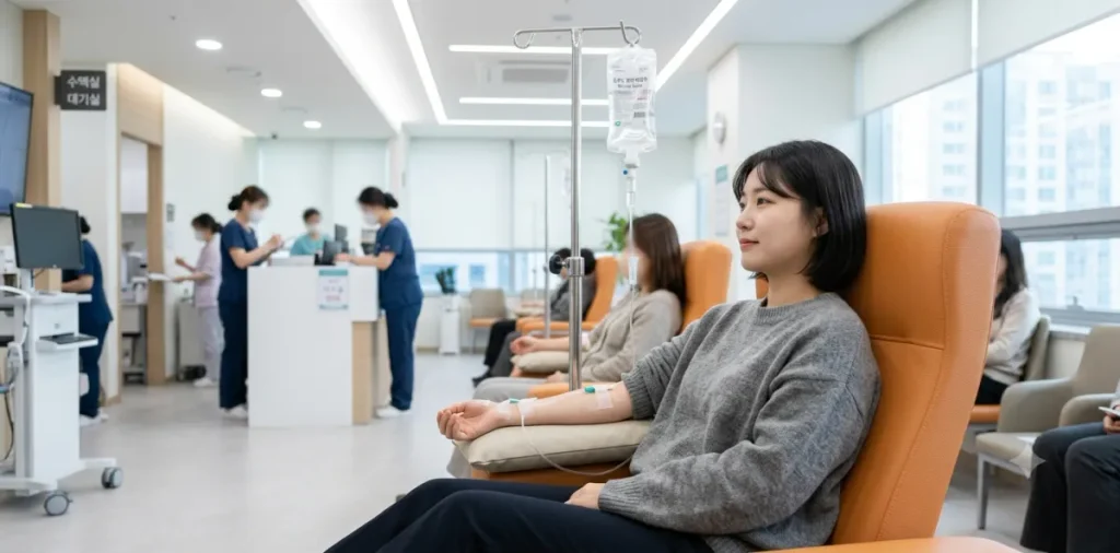 실업급여 상병급여 신청 조건: 질병 발생 시 구직활동 유예 6 상병급여 조건 승인을 위해 병원 의자에 차분하게 앉아 수액 주사를 맞고 있는 장면