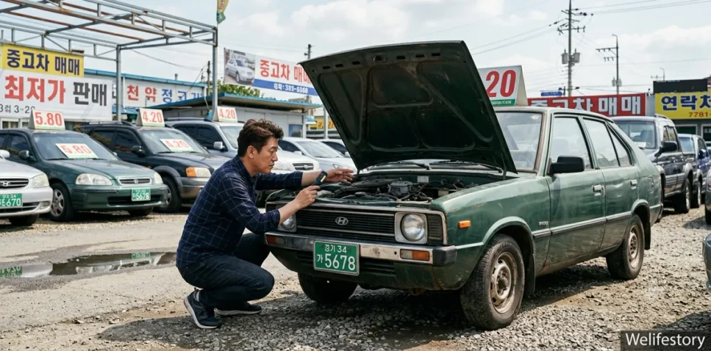 기초생활수급자 자동차 기준과 소유 배기량 면제 가이드 3 재산 소득환산율 규정을 피하기 위해 서류를 들고 낡은 승용차를 확인하는 모습