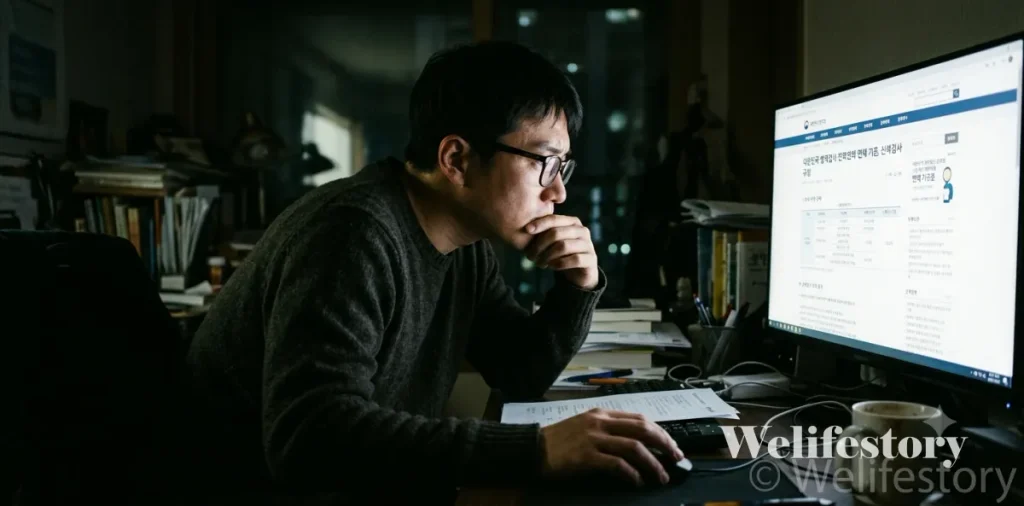 기초수급자 자활근로 조건 대처와 근로능력평가 진단서 발급 방법 6 컴퓨터로 질병에 따른 자활근로 면제 유예 기간을 직접 상세히 검색하고 있는 장면