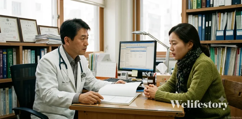 기초수급자 자활근로 조건 대처와 근로능력평가 진단서 발급 방법 4 조건부수급자 진단서 발급을 위해 동네 단골 병원 의사와 진지하게 상담하는 여성