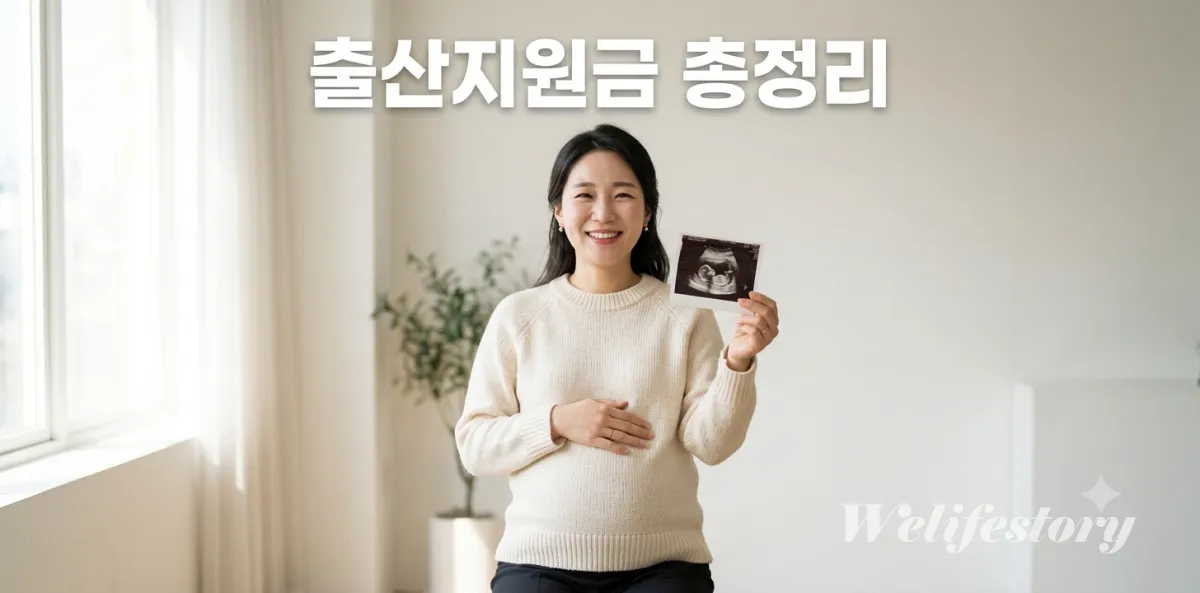 출산 육아 지원금 정보를 확인하며 초음파 사진을 들고 미소 짓는 예비 산모의 모습