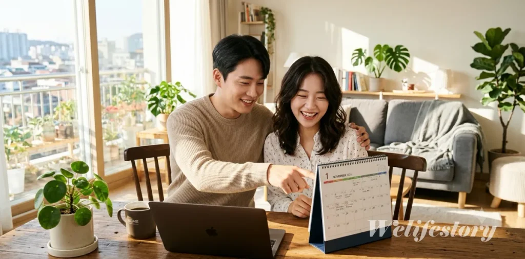 출산 육아 지원금 임산부 정부지원 혜택 시기별 총정리 3 보건소 임산부 혜택 등록 서류를 챙기며 거실 달력을 넘기고 함께 의논하는 부부 모습
