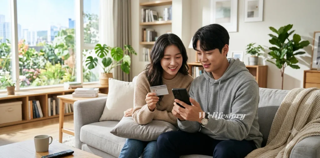 첫만남이용권 신청 방법 200만원 지급일 및 사용처 총정리 2 첫만남이용권 200만원 혜택을 받으려고 거실에서 스마트폰을 보는 부부 모습