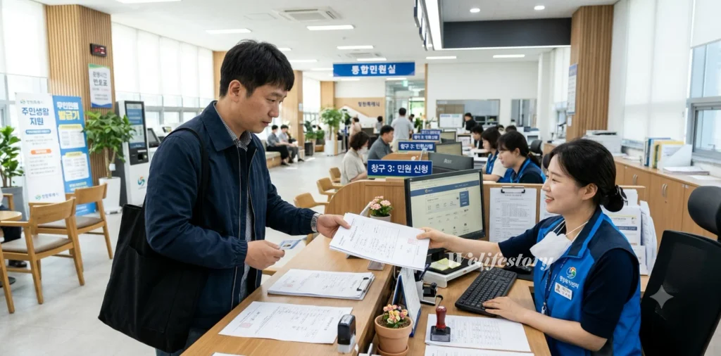 첫만남이용권 신청 방법 200만원 지급일 및 사용처 총정리 3 복지로 첫만남이용권 신청 서류 접수와 출생신고를 위해 창구를 찾은 남성 모습