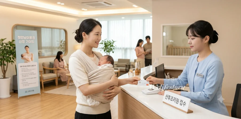 첫만남이용권 신청 방법 200만원 지급일 및 사용처 총정리 4 첫만남이용권 산후조리원 비용을 일시불로 수납하고자 카드를 건네는 여성 모습