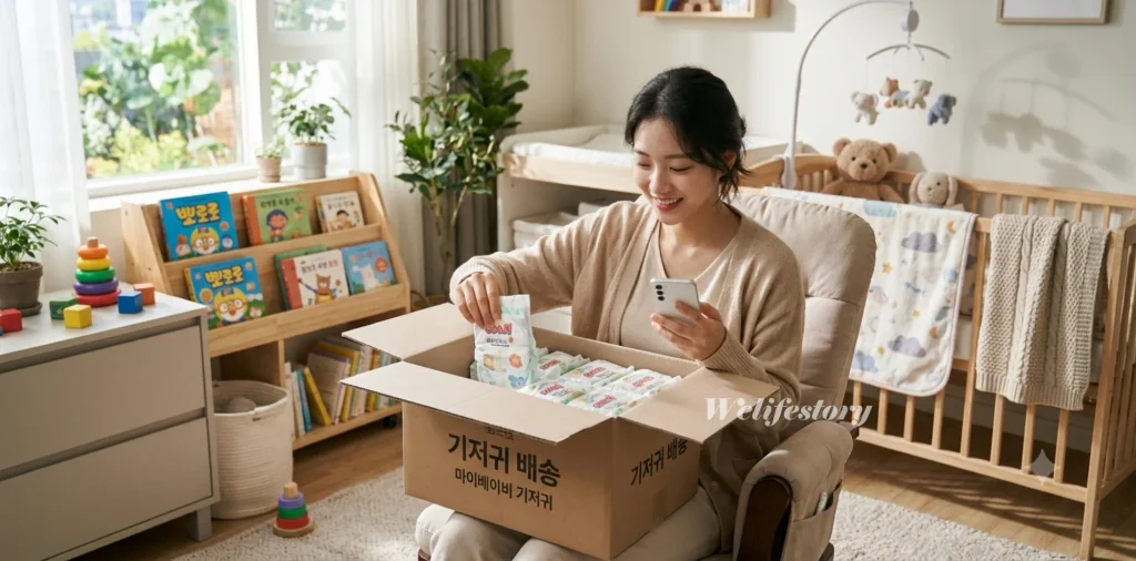 첫만남이용권 신청 방법 200만원 지급일 및 사용처 총정리 5 첫만남이용권 쿠팡 결제 완료 후 배송된 아기 기저귀 택배를 열어보는 엄마 모습