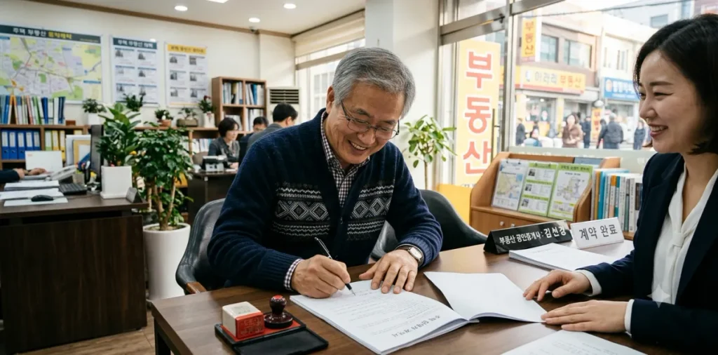 주거급여 선정 기준, 급지별 월세 임대료 지원금 확인 4 부동산에서 주거급여 임대료 지원을 받기 위해 전월세 임대차계약서를 쓰는 모습