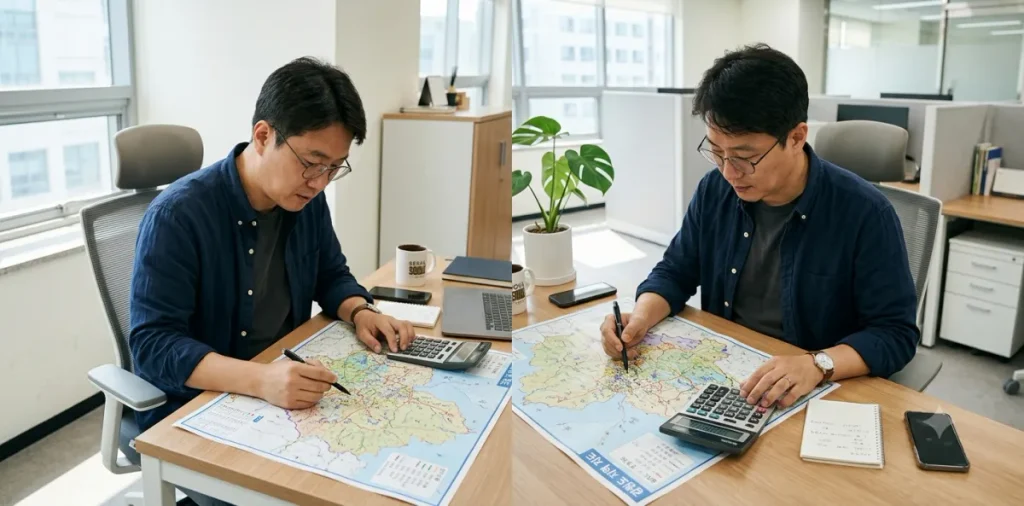 주거급여 선정 기준, 급지별 월세 임대료 지원금 확인 5 책상 위에서 지역별 지도를 펴놓고 1인가구 주거급여 금액 한도를 계산하는 장면