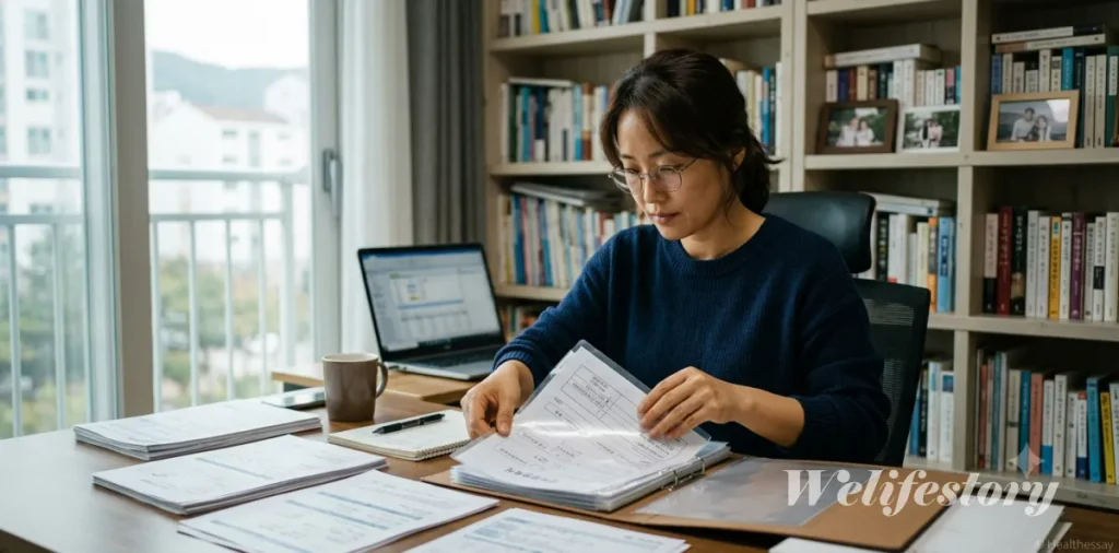 매월 자활근로 소득 증명서를 발급받아 서류철에 꼼꼼하게 정리하고 있는 모습