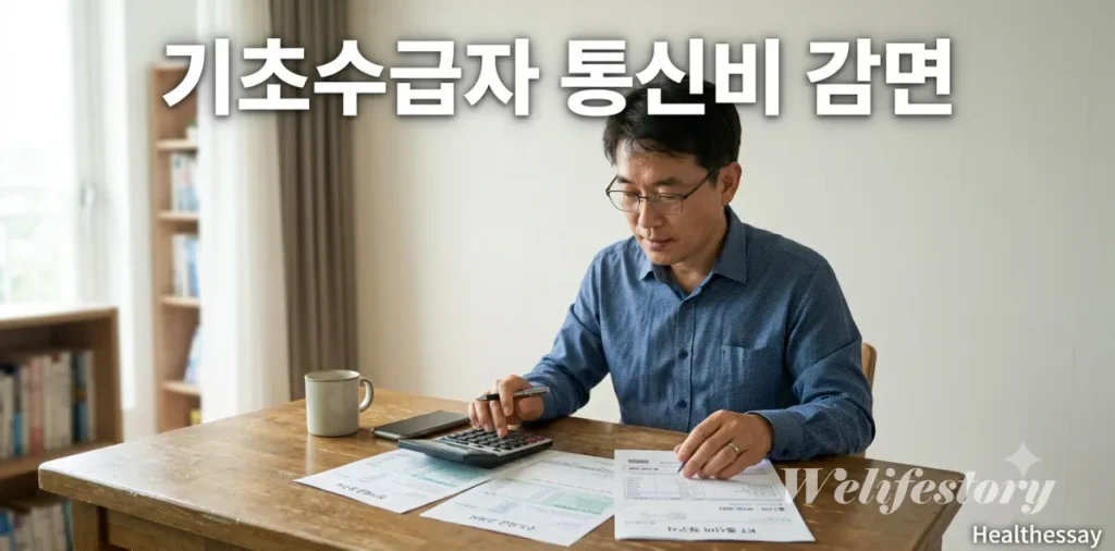기초수급자 통신비 감면 및 공공요금 복지할인 일괄 신청 방법 2 기초수급자 통신비 감면 혜택을 받기 위해 휴대폰 요금을 꼼꼼하게 계산하는 모습