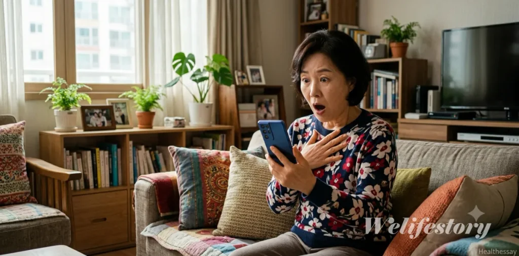 기초수급자 통신비 감면 및 공공요금 복지할인 일괄 신청 방법 3 휴대폰 화면에 찍힌 통신비 미환급금 조회 결과를 보고 크게 놀라며 당황하는 장면