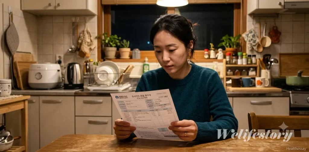 기초수급자 통신비 감면 및 공공요금 복지할인 일괄 신청 방법 4 기초수급자 도시가스 할인 신청을 위해 종이 고지서의 고객번호를 확인하고 있는 장면