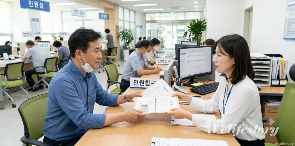 기초수급자 통신비 감면 및 공공요금 복지할인 일괄 신청 방법 5 공공요금 할인 신청 처리를 위해 동주민센터 복지 창구에 필수 서류를 제출하는 장면