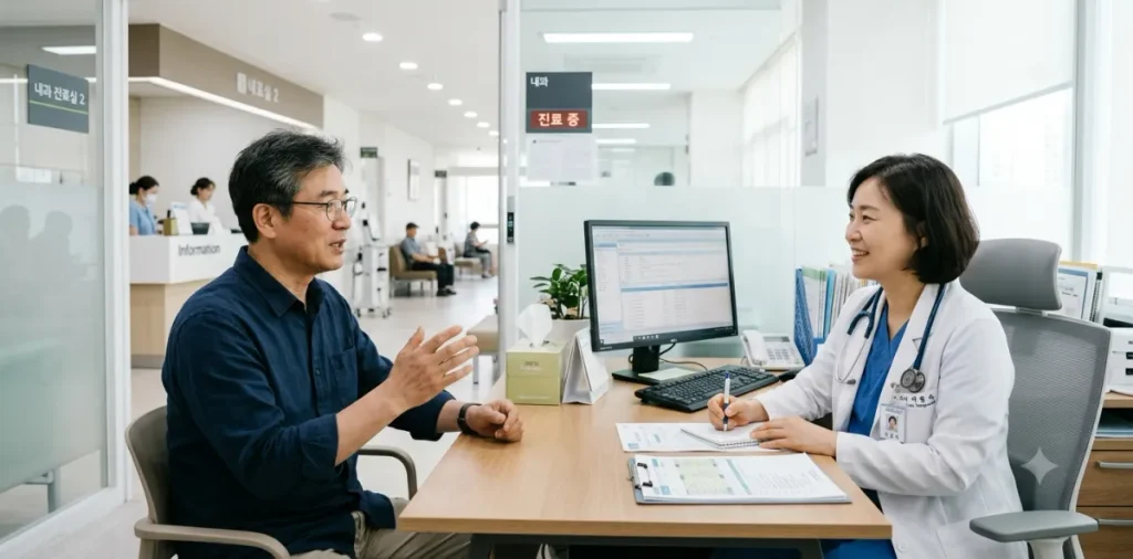 의료급여 1종 2종 차이와 병원비 본인부담금 면제·할인 혜택 3 진료실에서 의사에게 근로능력평가 진단서 제출과 관련하여 진지하게 상담을 받는 장면
