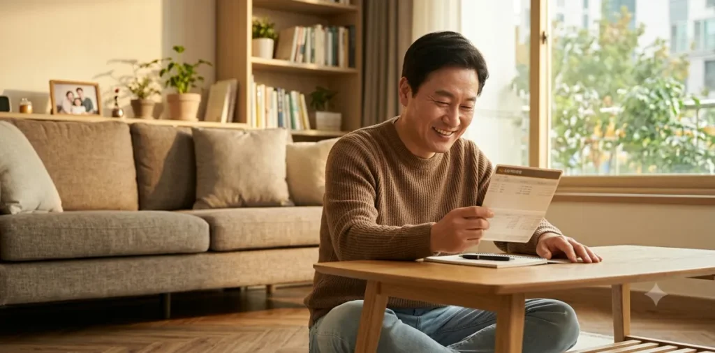 의료급여 1종 2종 차이와 병원비 본인부담금 면제·할인 혜택 5 소파에서 종이 통장을 펼치고 의료급여 1종 건강생활유지비 입금 내역을 살피는 장면