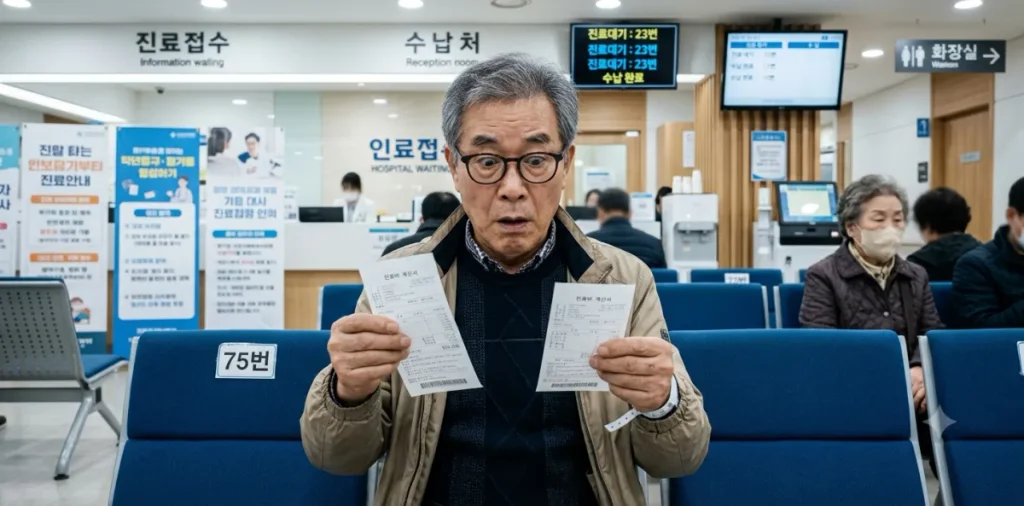 의료급여 1종 2종 차이와 병원비 본인부담금 면제·할인 혜택 6 대기실에서 비급여 항목 병원비 부담액이 적힌 진료비 영수증을 보고 크게 놀라는 모습