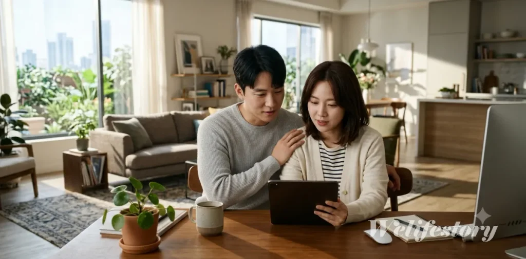 국민행복카드 임신 바우처 발급 신청 및 사용처 주의사항 3 국민행복카드 사은품 혜택을 비교하기 위해 태블릿 화면을 함께 살펴보는 부부 모습