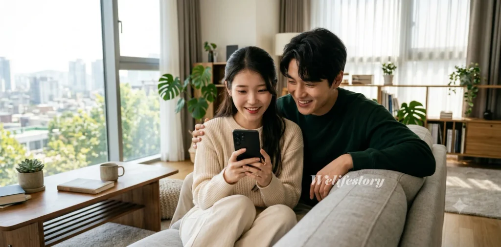부모급여 아동수당 차이 및 복지로 중복 신청 소급적용 가이드 3 부모급여 아동수당 중복 수령 혜택을 확인하고자 거실에서 휴대폰을 보는 부부의 모습
