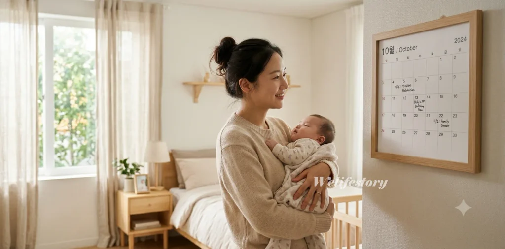 부모급여 아동수당 차이 및 복지로 중복 신청 소급적용 가이드 6 부모급여 소급적용 신청 기한을 놓치지 않고자 달력에 만료 날짜를 적어두는 엄마 모습